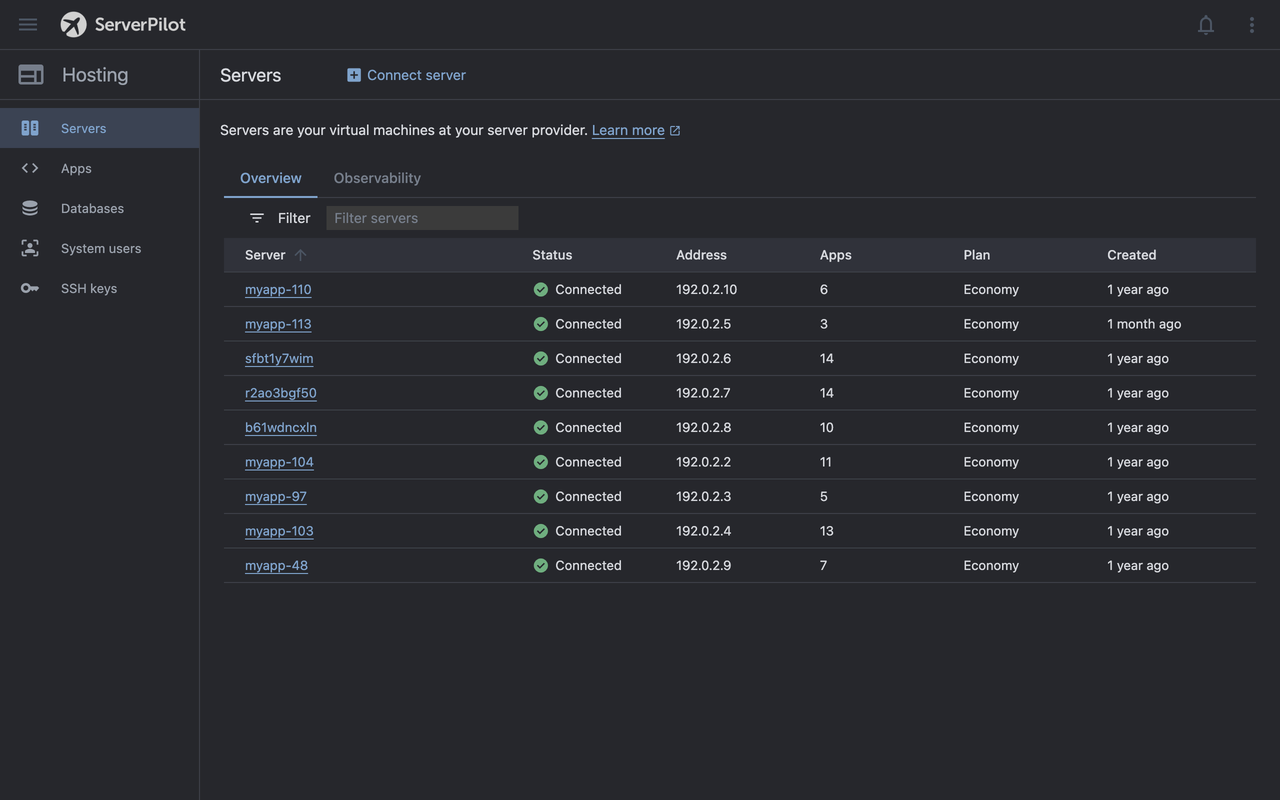 Servers list in soft dark mode
