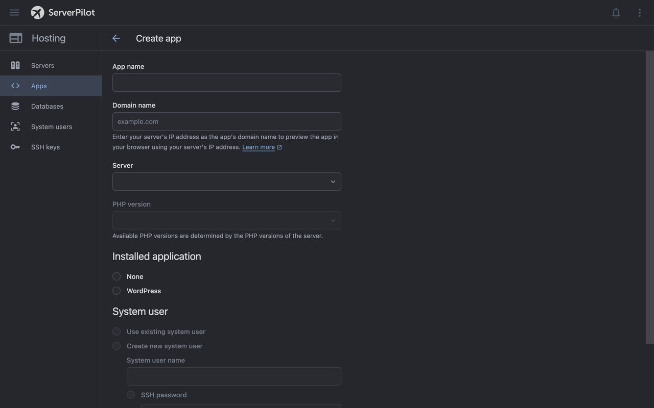 Create App form in soft dark mode