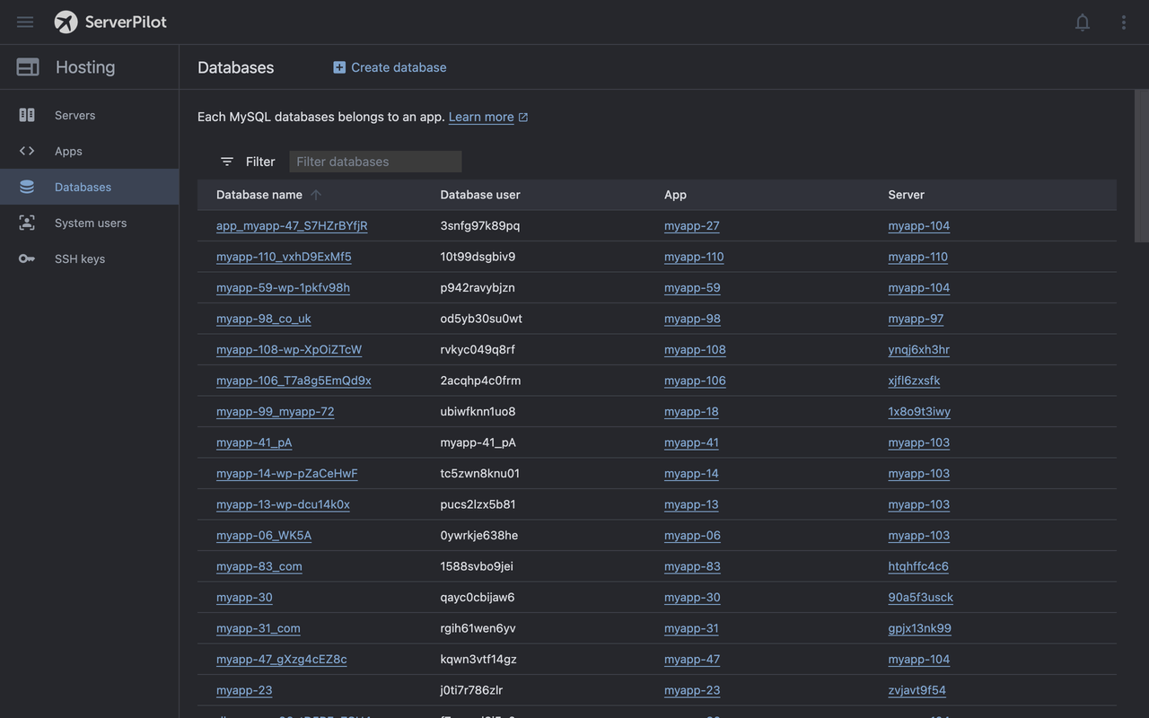 Databases list in soft dark mode